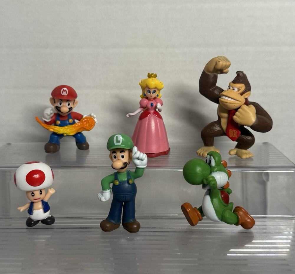 6 Pcs Super Mario Bros Toy Figures Luigi Toad Yoshi Fire Mario DK Cake Toppers